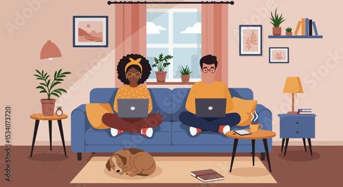 Man and woman working on laptops on a blue sofa in a cozy living room with a brown dog sleeping on a beige rug