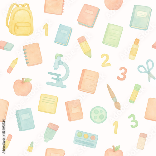 Cute pastel watercolor school items like books, pencils, and backpacks in seamless pattern layout