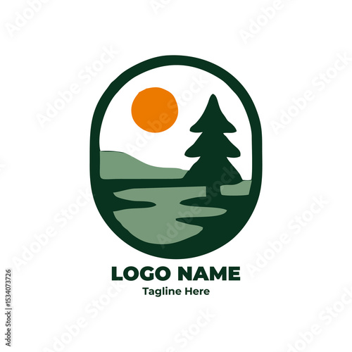 Modern outdoor logo, adventure badge, hiking emblem, forest trekking design, mountain camping icon for clean brand visuals and gear sets