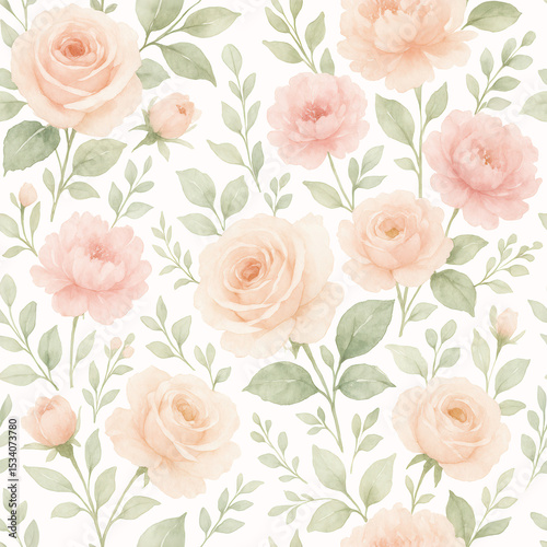 Romantic seamless floral pattern with watercolor roses and green leaves in soft pastel shades.