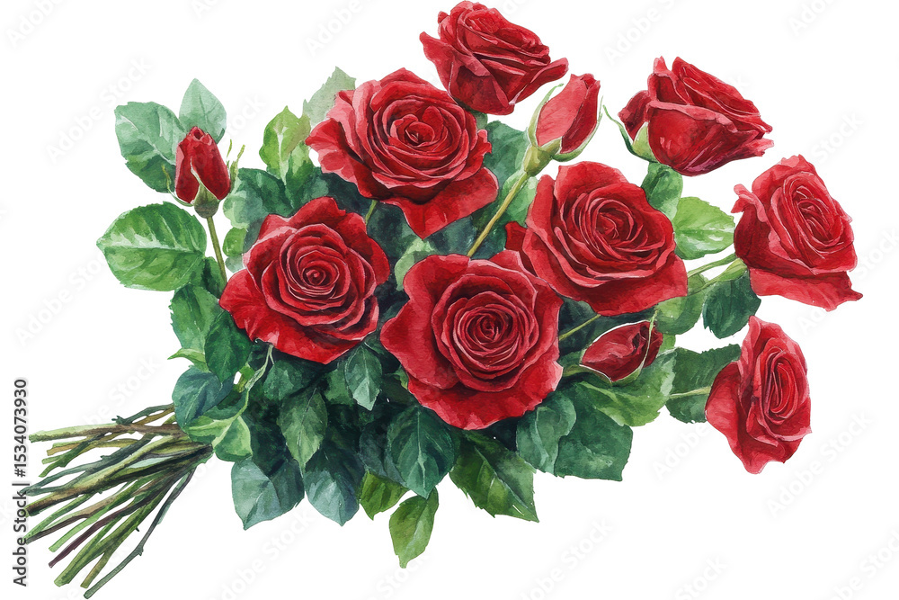 Obraz premium Vibrant watercolor floral bouquet featuring rich red roses with lush green foliage in a charming arrangement for various occasions