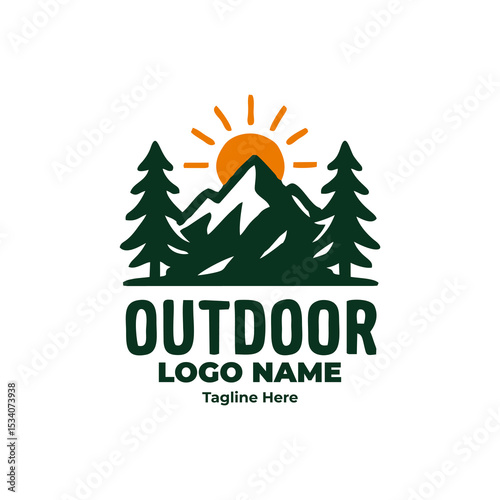 Exploration logo, mountain hiking badge, forest trekking emblem, camping icon, outdoor adventure design for minimalist vector projects