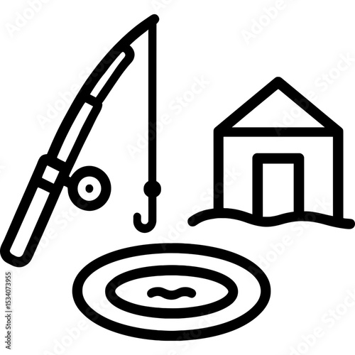 Ice fishing hole with rod and shelter icon