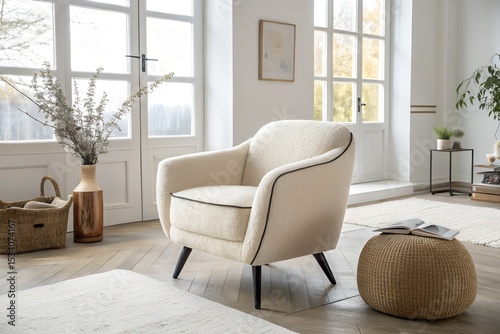 Modern luxury living room interior with comfortable sofa, armchair, and stylish furniture, featuring a fireplace, large window, and contemporary decor