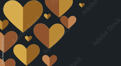 Abstract arrangement of metallic hearts in gold, brown, and peach tones on a dark background