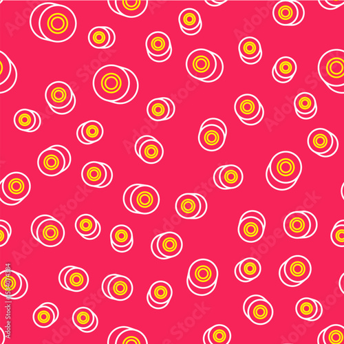 Line Skateboard wheel icon isolated seamless pattern on red background. Skate wheel. Vector