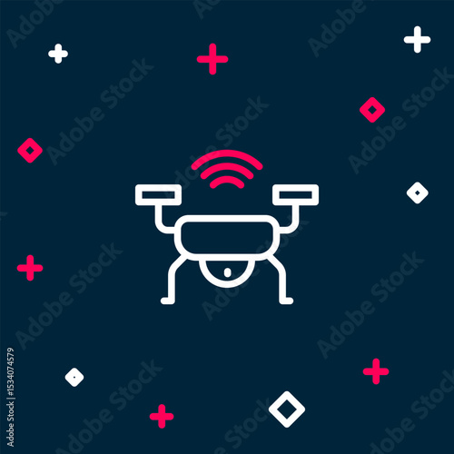 Line Smart drone system icon isolated on blue background. Quadrocopter with video and photo camera symbol. Colorful outline concept. Vector