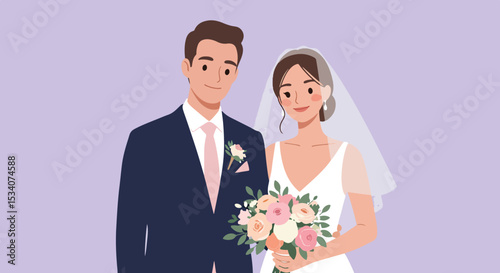 Newlywed couple in formal attire sharing a joyful moment against a solid purple backdrop