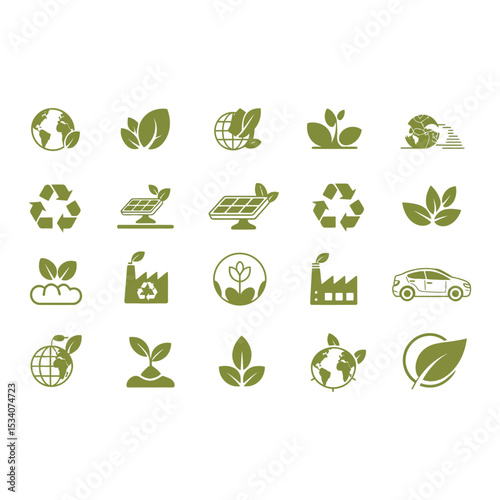 Green eco-friendly icons illustrating sustainability conservation and environmental awareness