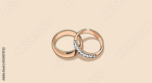 Two wedding rings, one with diamonds, on light beige background