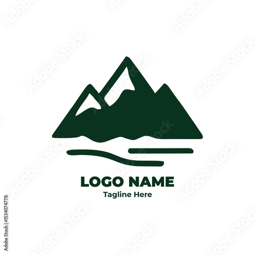 Flat logo, mountain hiking badge, camping adventure emblem, forest trekking icon, outdoor design for clean vector illustration branding themes