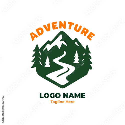 Nature hiking badge, mountain logo, outdoor camping emblem, forest trekking symbol, adventure design for tourism guides and branding concepts