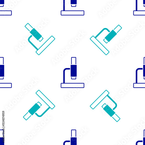 Blue Microscope icon isolated seamless pattern on white background. Chemistry, pharmaceutical instrument, microbiology magnifying tool. Vector