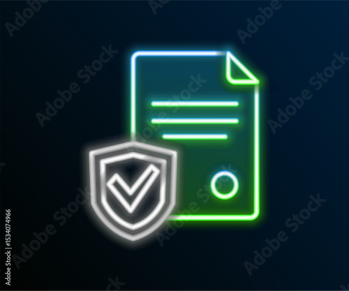 Glowing neon line Contract with shield icon isolated on black background. Insurance concept. Security, safety, protection, protect concept. Colorful outline concept. Vector