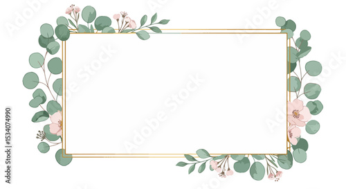 Gold bordered rectangular frame with watercolor floral and foliage design