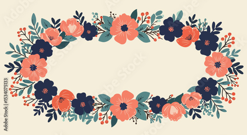 Circular floral wreath with pink, red, and blue flowers, green leaves, and red berries