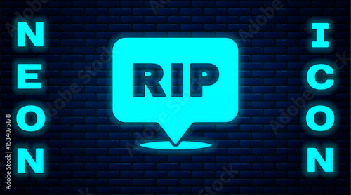 Glowing neon Speech bubble rip death icon isolated on brick wall background. Vector