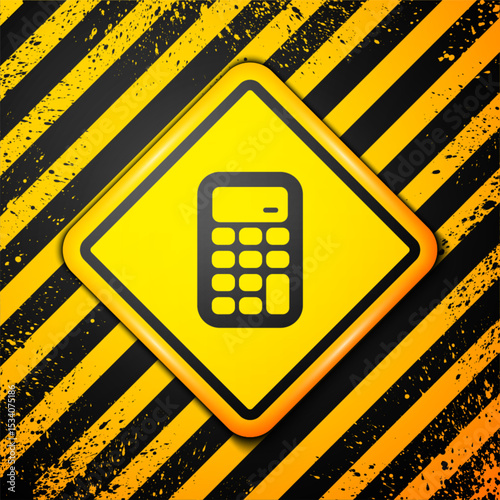 Black Calculator icon isolated on yellow background. Accounting symbol. Business calculations mathematics education and finance. Warning sign. Vector