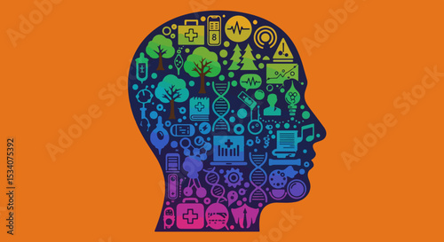 Human head profile illustration filled with biology, medicine, and technology icons