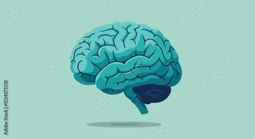 3D illustration of a brain with blue and green topographical texture on a light green background