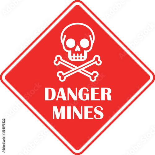 Danger Mines, High-Risk Area Warning Sign for Hazardous Minefields, Ensuring Safety, Awareness, and Protection in Military Zones, Conflict Areas, and Restricted Territories.