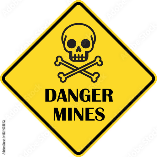 Danger Mines, High-Risk Area Warning Sign for Hazardous Minefields, Ensuring Safety, Awareness, and Protection in Military Zones, Conflict Areas, and Restricted Territories.