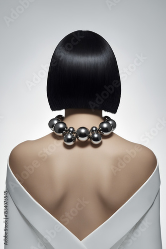 necklace on beautiful back of young woman with bob haircut
