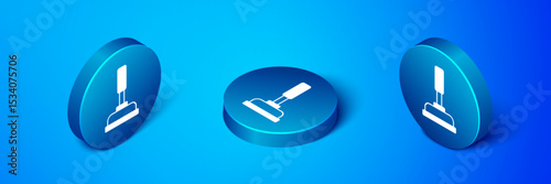 Isometric Rubber plunger with wooden handle for pipe cleaning icon isolated on blue background. Toilet plunger. Blue circle button. Vector