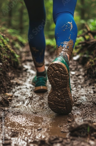 A dynamic image capturing athletic legs navigating a muddy trail, symbolizing perseverance and tenacity, with vibrant colors highlighting the struggle against nature's elements. photo