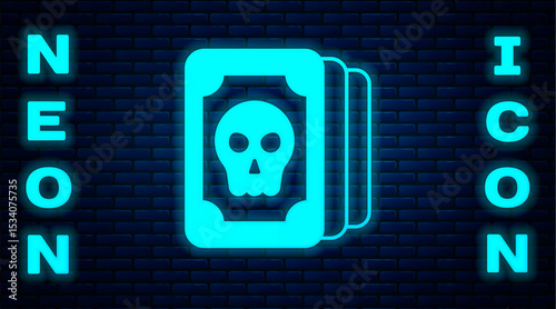 Glowing neon Tarot cards icon isolated on brick wall background. Magic occult set of tarot cards. Vector