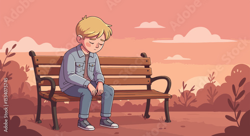 Young blonde boy in blue denim jacket sitting alone on dark wooden park bench with metal armrests