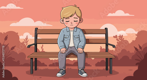 Young boy in denim jacket sitting alone on wooden park bench at dawn or dusk