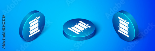 Isometric Radioactive waste in barrel icon isolated on blue background. Toxic refuse keg. Radioactive garbage emissions, environmental pollution. Blue circle button. Vector