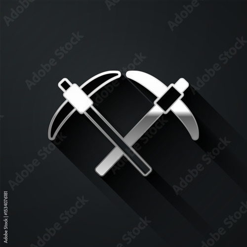 Silver Pickaxe icon isolated on black background. Long shadow style. Vector