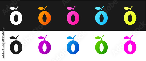 Set Plum fruit icon isolated on black and white background. Vector