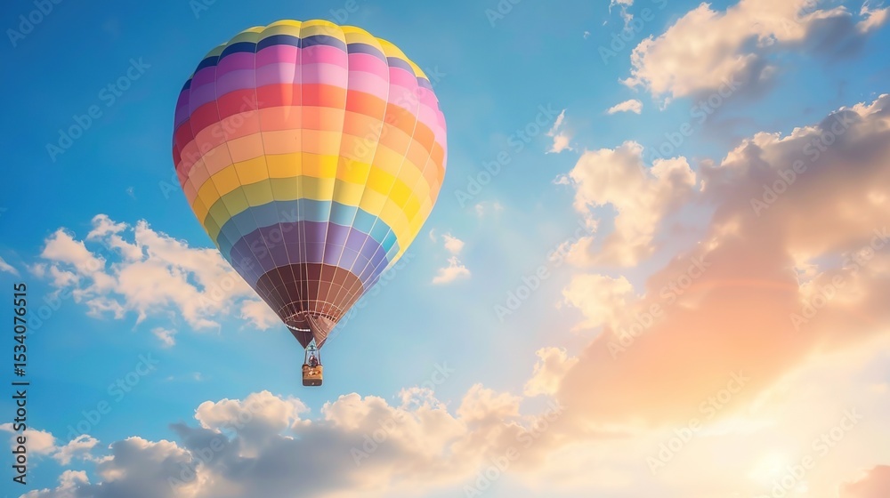 Naklejka premium Dreamy Candy-Colored Hot Air Balloon: A Whimsical Soar Through Pastel Skies & Sugar-Coated Dreams — Embrace a Magical Flight Over Rainbow-Hued Landscapes, Where Fluffy Clouds Meet Swirling Cotton Cand