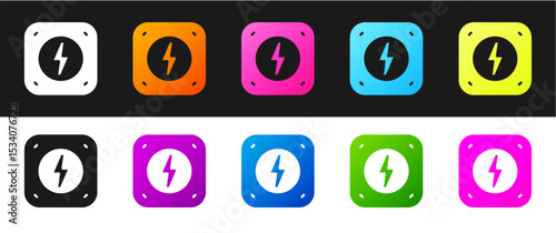 Set Lightning bolt icon isolated on black and white background. Flash sign. Charge flash icon. Thunder bolt. Lighting strike. Vector