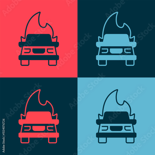 Pop art Burning car icon isolated on color background. Insurance concept. Car on fire. Broken auto covered with fire and smoke. Vector