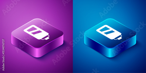 Isometric Battery for camera icon isolated on blue and purple background. Lightning bolt symbol. Square button. Vector