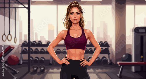 Young woman in purple sports bra and black leggings standing confidently in urban gym with city skyline
