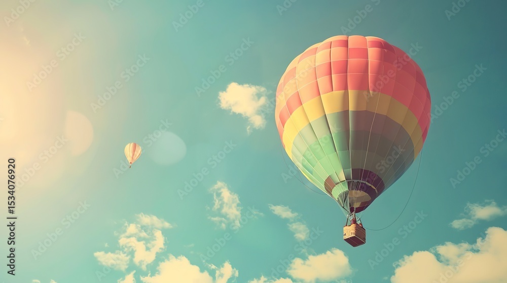 Naklejka premium Dreamy Candy-Colored Hot Air Balloon: A Whimsical Soar Through Pastel Skies & Sugar-Coated Dreams — Embrace a Magical Flight Over Rainbow-Hued Landscapes, Where Fluffy Clouds Meet Swirling Cotton Cand