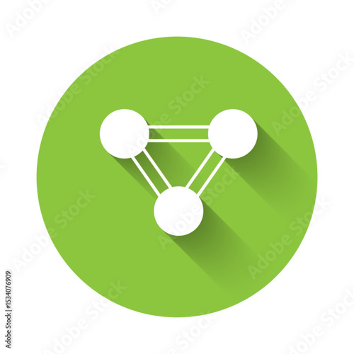 White Molecule icon isolated with long shadow background. Structure of molecules in chemistry, science teachers innovative educational poster. Green circle button. Vector