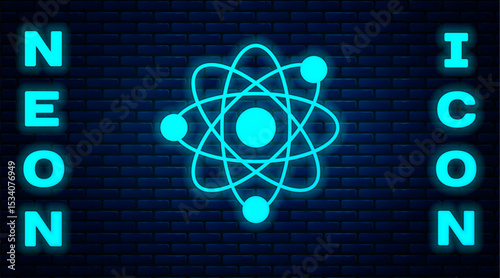Glowing neon Atom icon isolated on brick wall background. Symbol of science, education, nuclear physics, scientific research. Vector