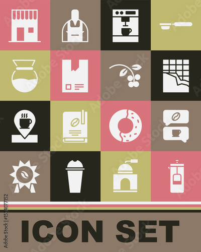 Set French press, Coffee and conversation, Chocolate bar, machine, Bag coffee beans, Pour over maker, shop and bean, branch icon. Vector