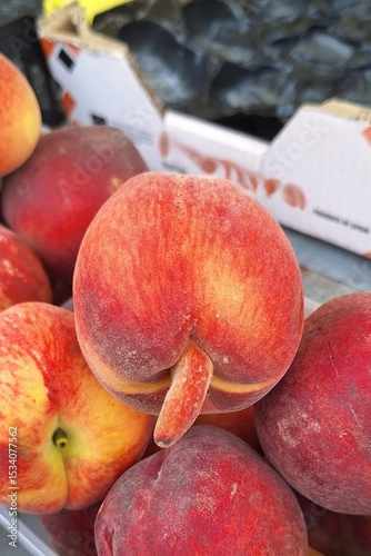Fotografie Vivid color peach fruit with strange protuberance