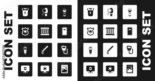 Set Flashlight, Prison window, Police badge, electric shocker, assault shield, Footsteps, Walkie talkie and icon. Vector