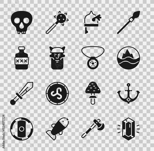 Set Gem stone, Anchor, Sea and waves, Viking in horned helmet, head, Whiskey bottle, Skull and Necklace with gem icon. Vector