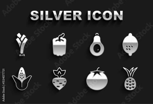 Set Turnip, Lemon, Pineapple, Tomato, Corn, Avocado, Leek and Bell pepper icon. Vector