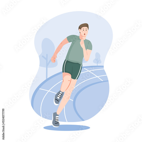 Male runner sprinting on track. Flat vector illustration for health, sports training, active lifestyle banner or background.