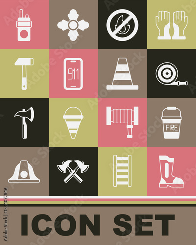 Set Fire boots, bucket, hose reel, No fire, Mobile emergency call 911, Hammer, Walkie talkie and Traffic cone icon. Vector